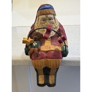 Santa Folk Art Shelf Sitter Wood Carved Hand Painted Christmas Rustic Bear